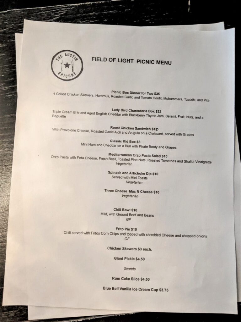 Field of Light Austin menu